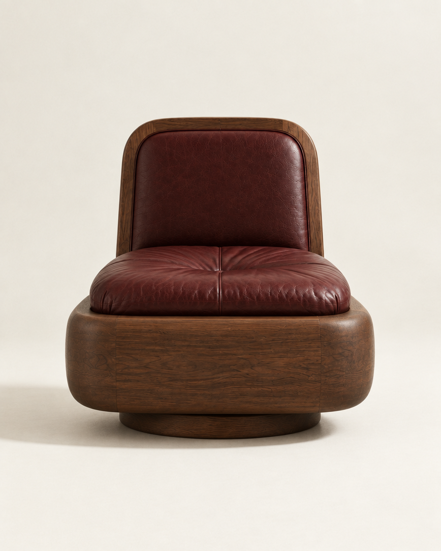 MARO Swivel Lounge Chair in walnut and burgundy leather - front view