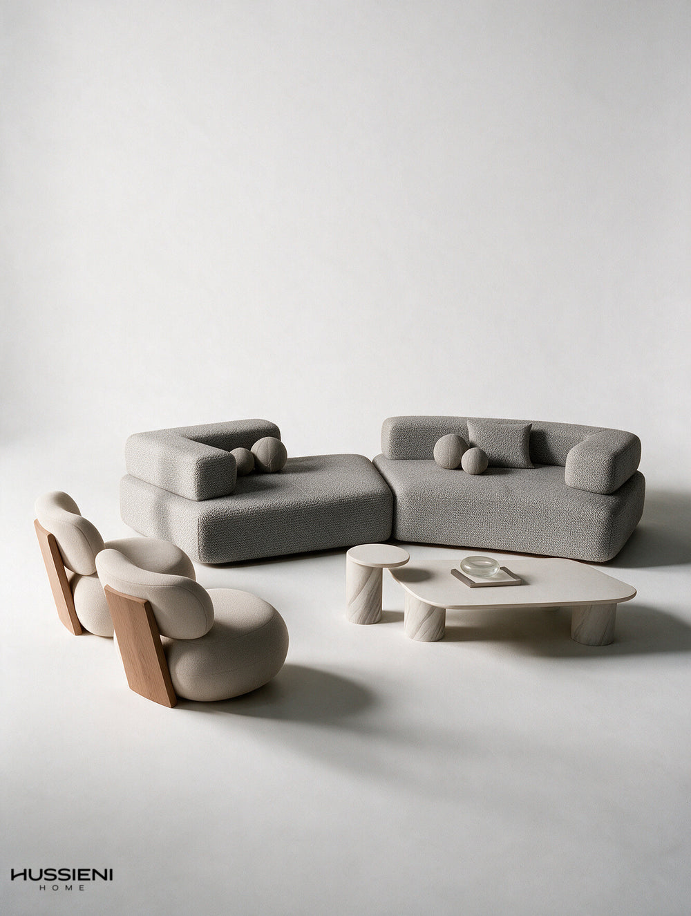 ROCCIA Living Room Set - full view of modular sofa, lounge chairs and marble coffee table
