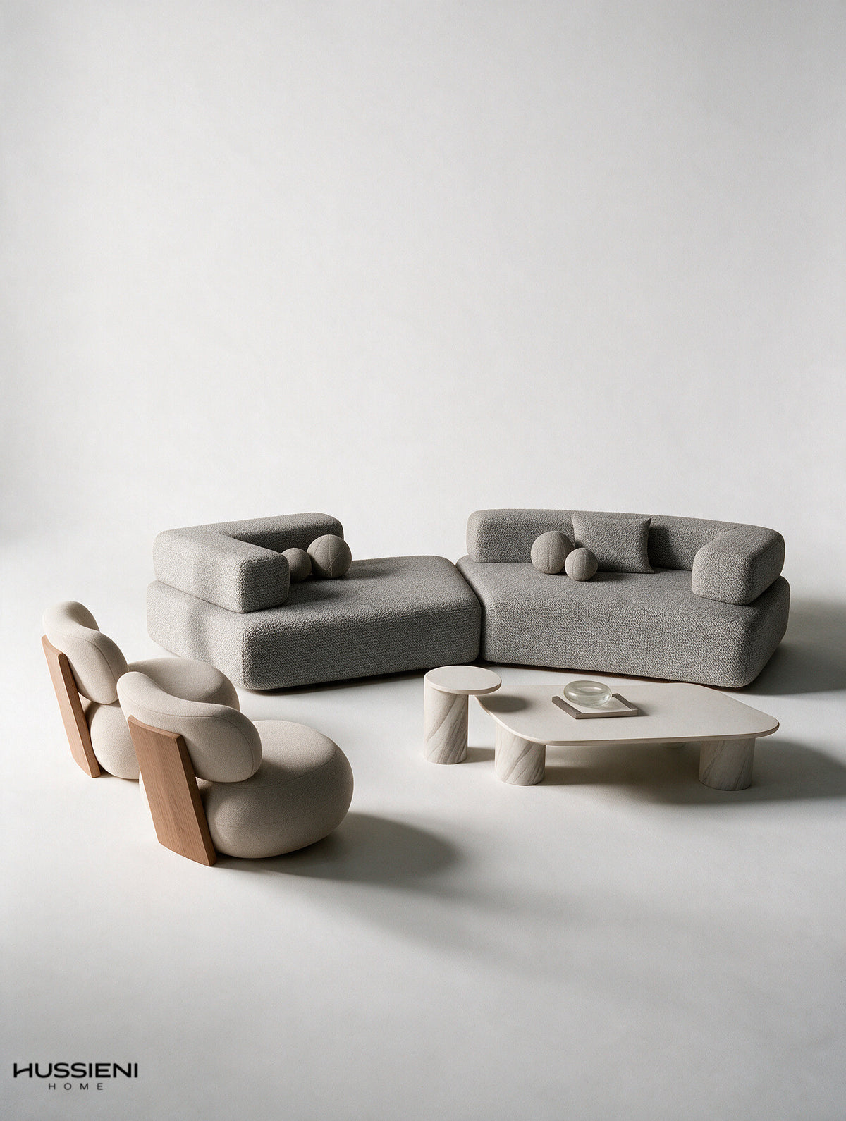 ROCCIA Living Room Set - full view of modular sofa, lounge chairs and marble coffee table