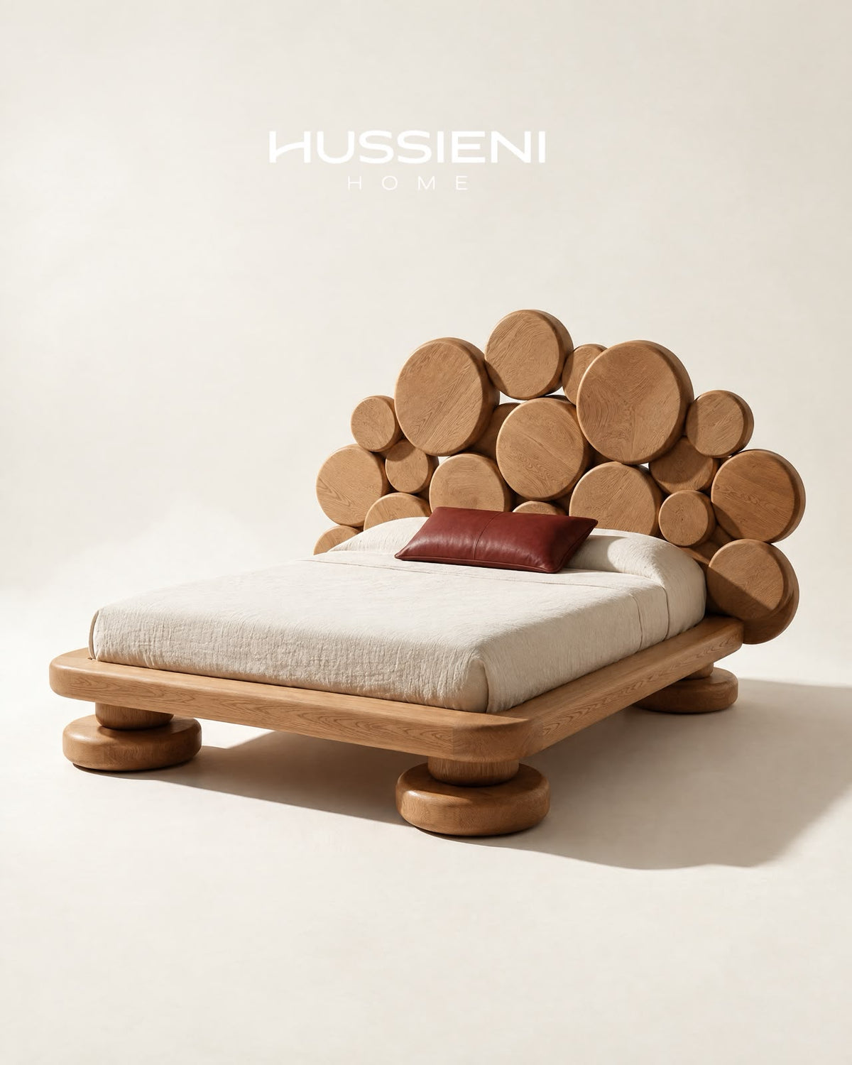CIRCA Sculptural Disc Bed in solid oak - angled view