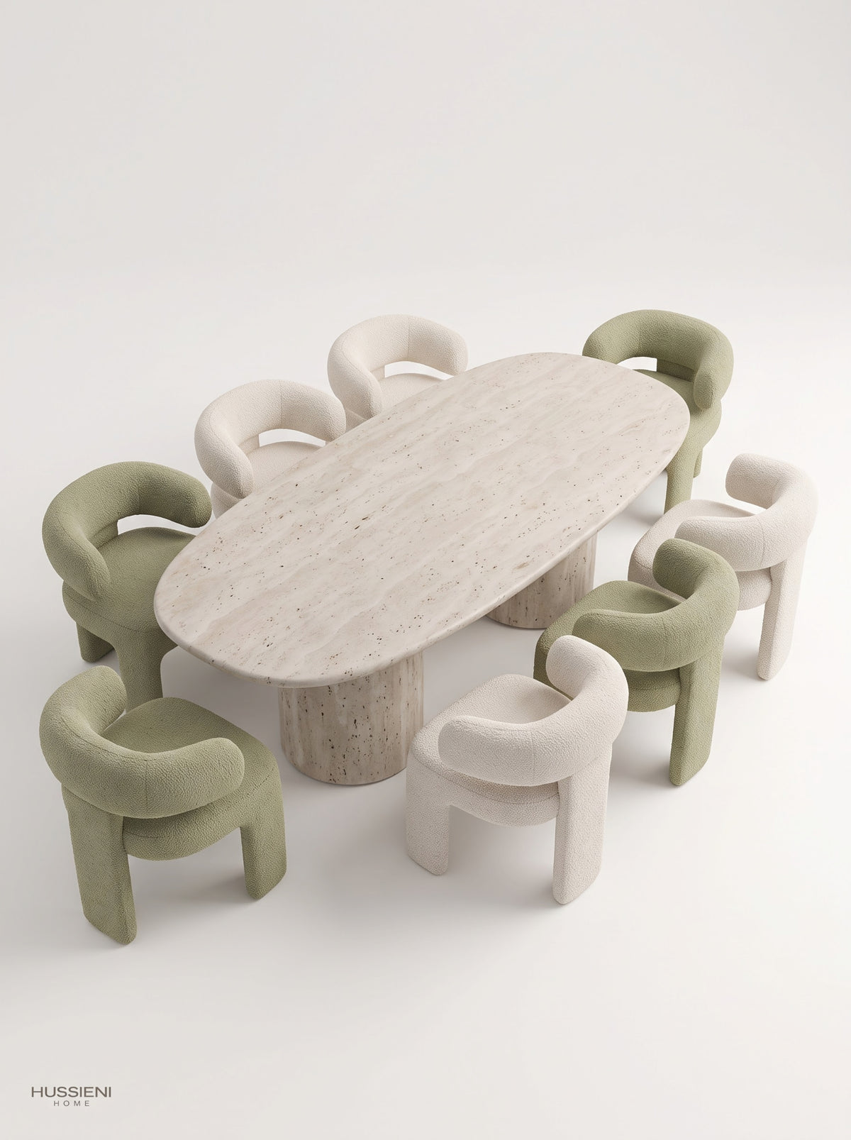 ABBRACCIO Travertine Dining Set - oval travertine table with 8 olive and ivory boucle chairs