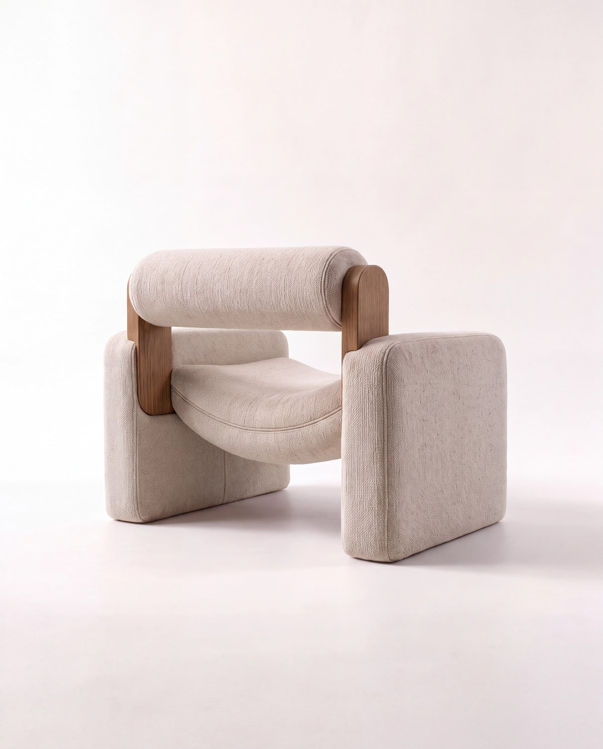 ROLLO Oak Lounge Chair - boucle bolster backrest view