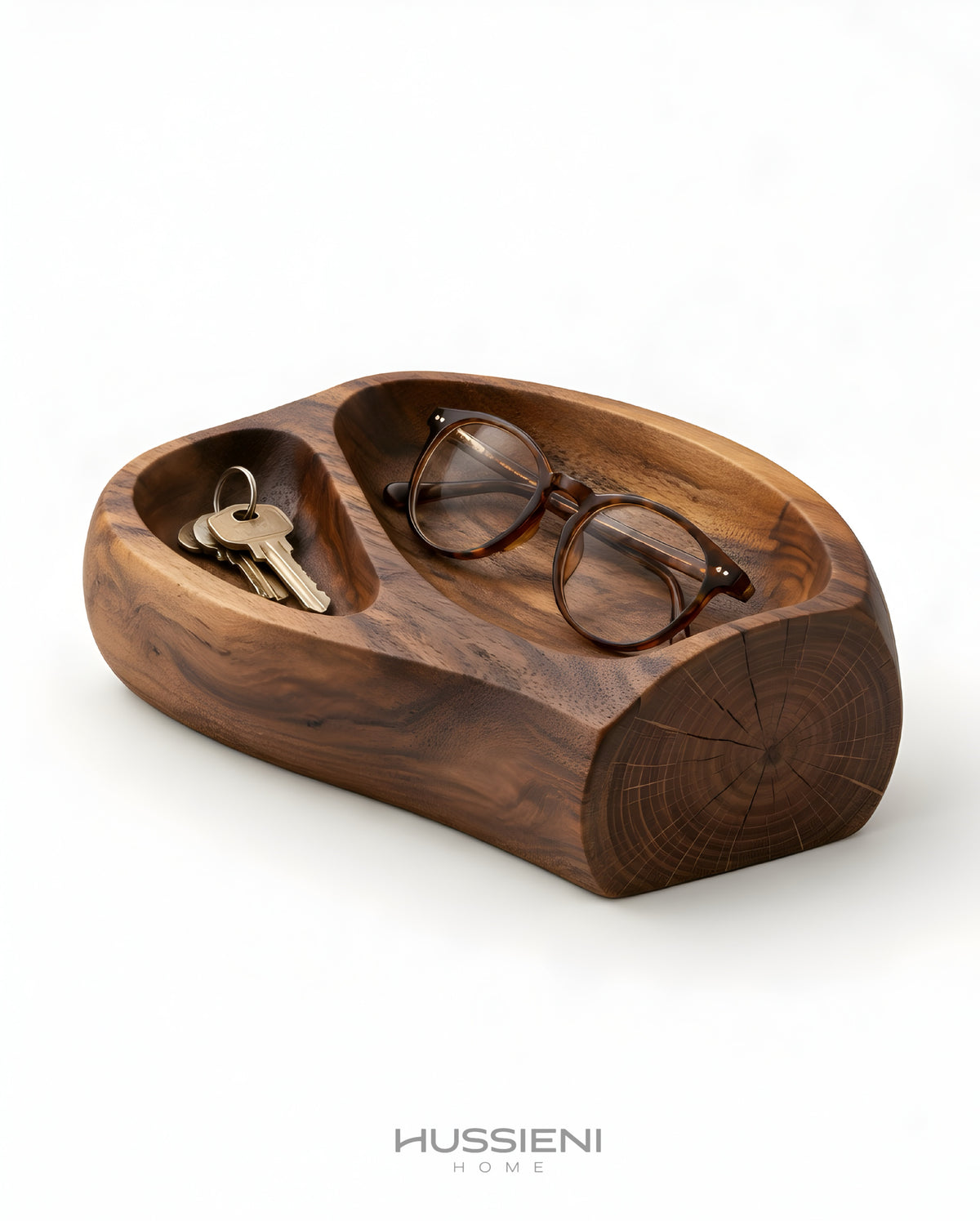 TRONCO Walnut Valet Tray with keys and glasses