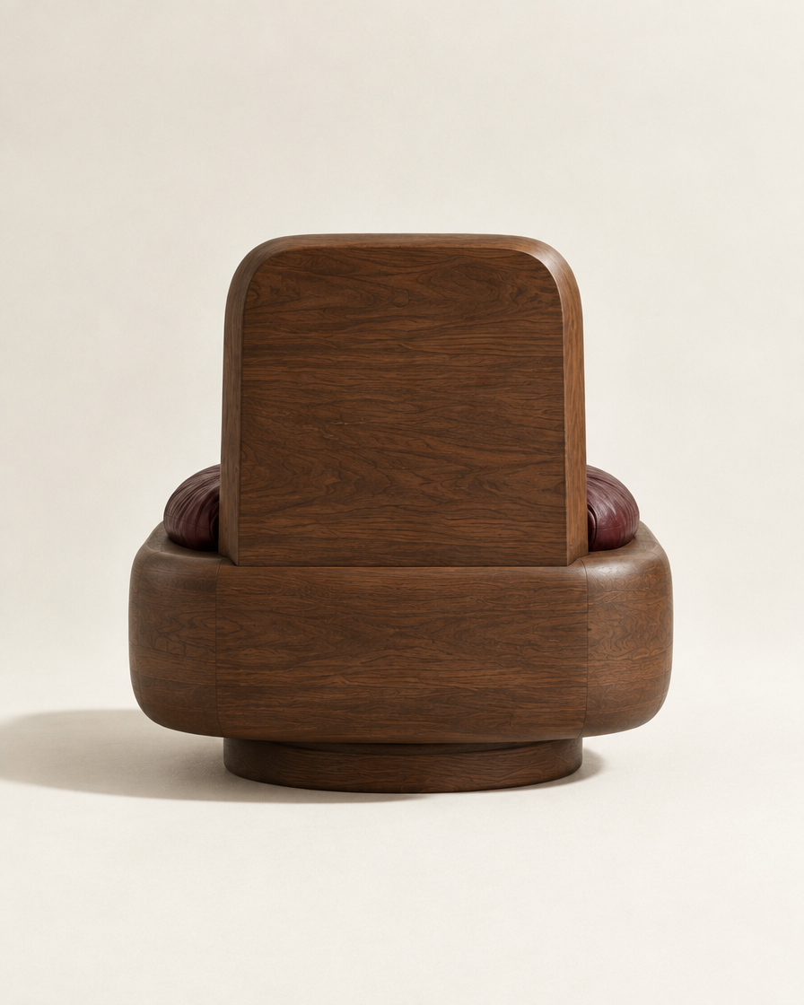 MARO Swivel Lounge Chair - back view in solid walnut
