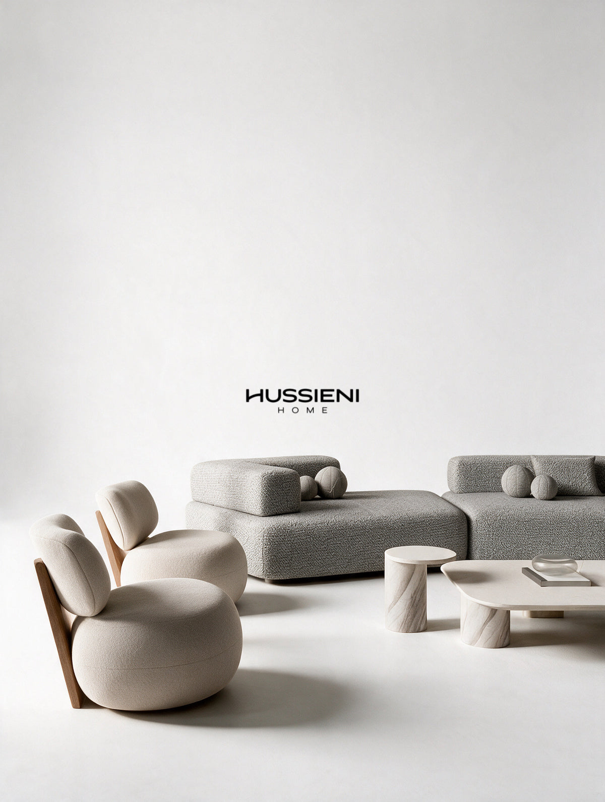 ROCCIA Living Room Set - boucle sofa, lounge chairs and marble tables
